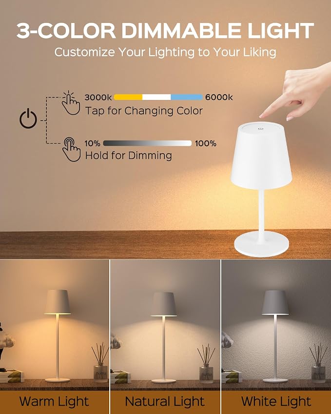 JACKYLED Cordless Table Lamps Rechargeable, 3 Adjustable Height, 5000 Capactiy Operated, 3 Colors Smooth Dimming, Portable LED Waterproof Table Lamp for Dining, Bedroom, Outdoor (2 Pack)