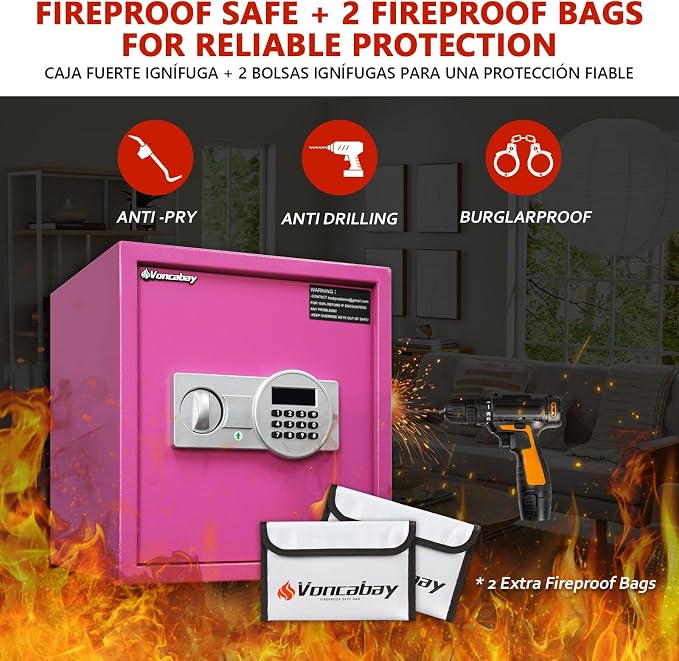 Voncabay Money Safe Box for Home with Digital Keypad, 1.5 Cu. Ft., Pink | Alloy Steel, 2 Fireproof Bags, Digital Keypad with Display, Removable Shelf, Alarm System, 14 x 13 x 13 In.