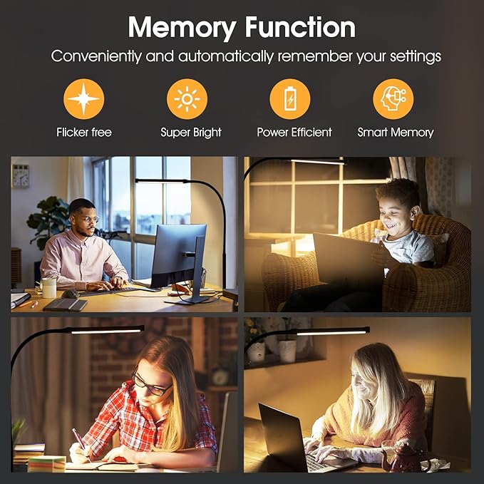 LED Desk Lamp with Clamp, Clip on Lights for Home Office, White | 3 Modes 10 Brightness, Long Flexible Goose-Neck, Eye-Caring, Memory Function, Energy Efficient, USB Adapter, Metal