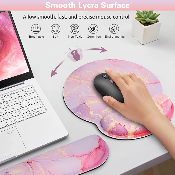 Mouse Pad with Wrist Rest Pink, 3-in-1 Wrist Support Mousepad Set, | Gaming with Anti-Skid Base,Ergonomic Mouse Pad,Memory Foam Keyboard Gel Wrist Rest