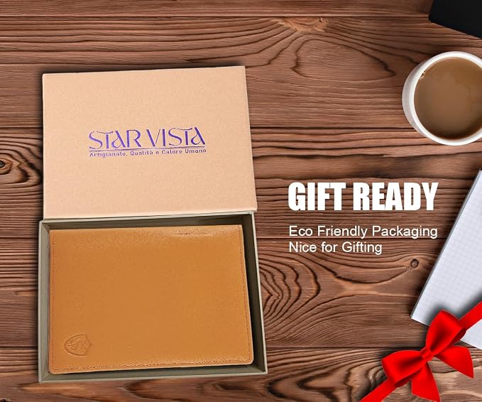 STAR VISTA Phoenix Leather Passport Holder, Calfskin Travel Wallet - RFID Blocking, ID Window, Zipper Pocket, Pen & Notebook Included, Honey