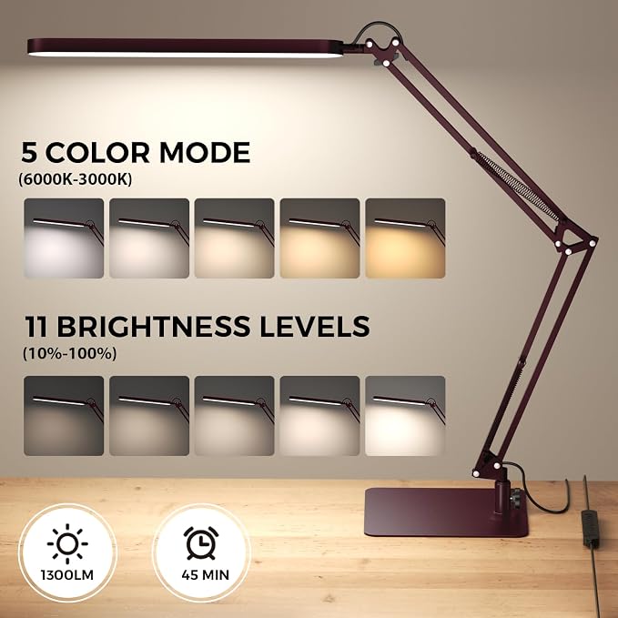 LED Desk Lamp with Slim Base - Adjustable Swing Arm Desk Light, Dimmable, Timer, Eye Protection, Memory Function, 1300LM, 12W, Red