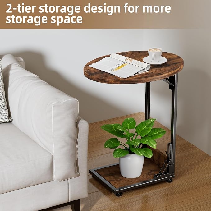 Elbourn Folding Side Table End Couch Tables,Metal Frame C-Shaped TV Stand for Sofa Living Bedroom Bedside Coffee Small Spaces(Vintage Wood Color)
