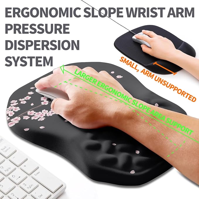 Ergonomic Slope Mouse Pad Wrist Support, Wrist Rest Mousepad for Carpal Tunnel Pain Relief with Massage Bulge and Slow Rebound Memory Foam (12x8 inch, Pink Blossom)