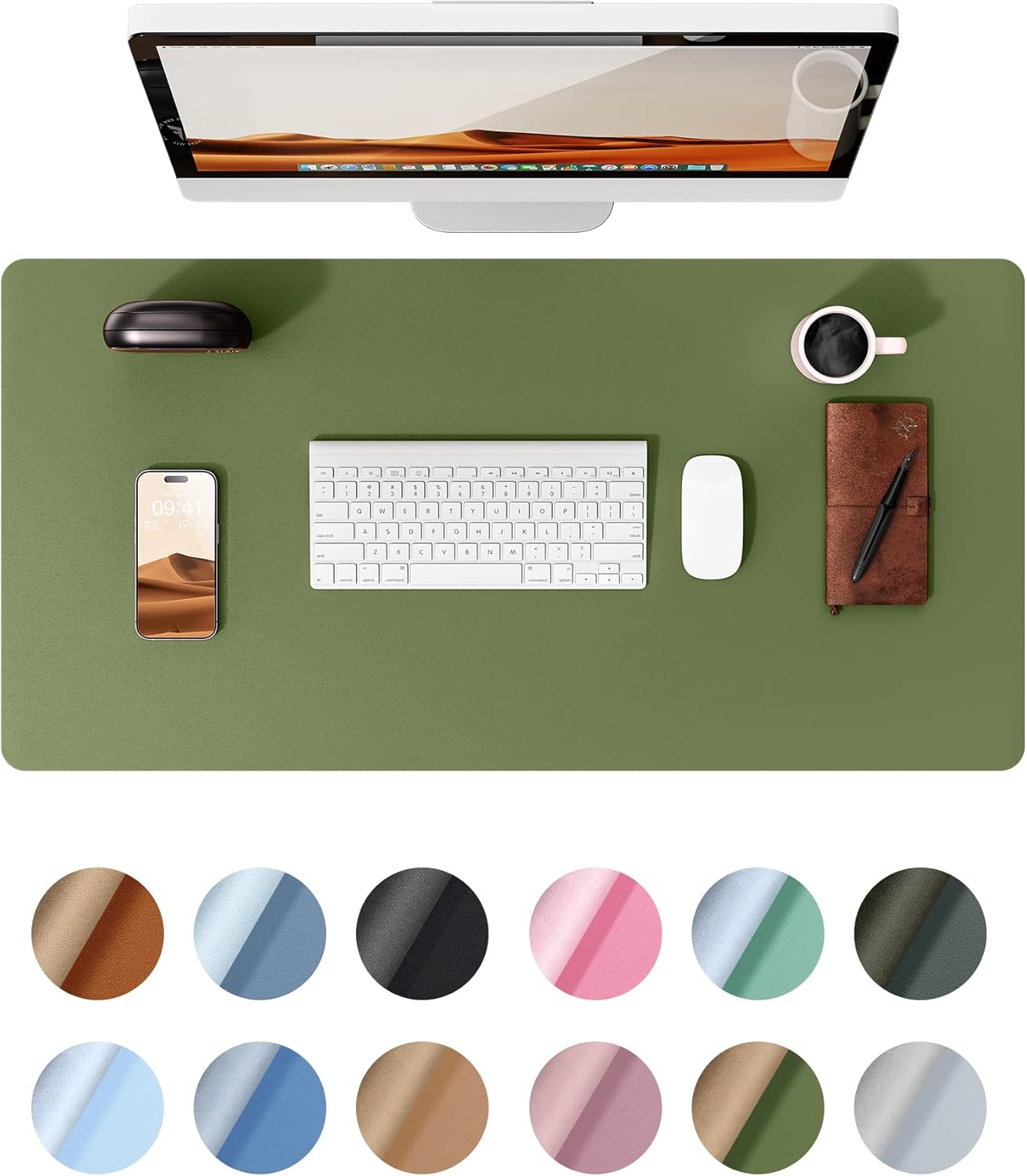 YSAGi Leather Desk Protector, Office Mat, Large Mouse Mat, Non-Slip PU Leather Blotter, Laptop Desk Pad, Waterproof Writing Pad for Office and Home (Green, 23.6" x 13.8")