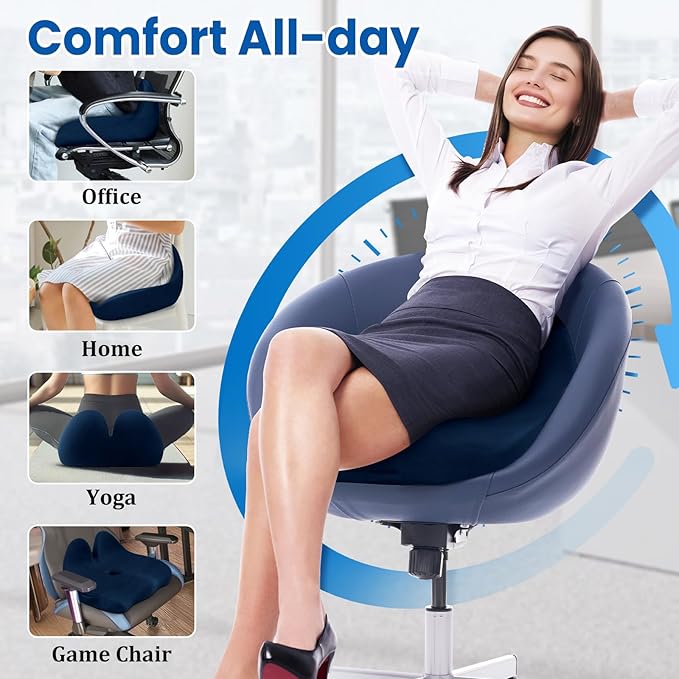 Seat Cushion, Memory Foam Office Chair Seat Cushion for Office Chairs/Car/Long Trip/Desk Chair/Gaming, X-Large Size for Sciatica & Hip & Tailbone Pain Relief, Sciatica Support (Blue)