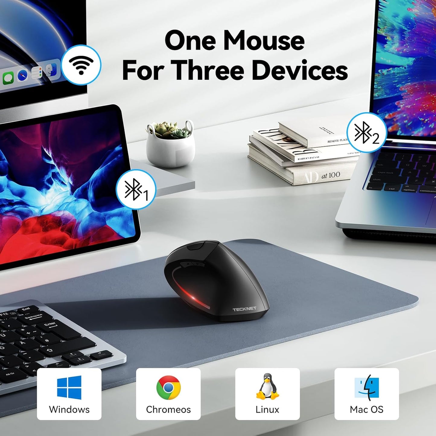 TECKNET Ergonomic Mouse, Wireless Bluetooth Vertical Mouse, 4800 DPI Optical Tracking, 6 Adjustable DPI, Quiet Clicks, 2.4GHz with USB A Receiver, 12 Months Battery, 6 Buttons, Wide Compatibility