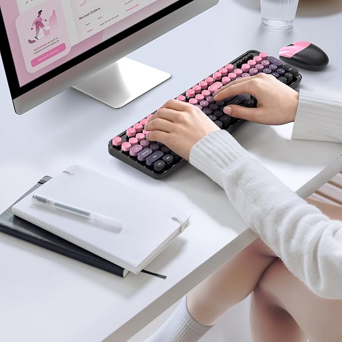 MOFII Wireless Keyboard and Mouse Combo, Full Size 2.4G Plug and Play Typewriter Retro Round Computer Keyboard and Mouse Set for Windows, Computer, Desktop, PC, Notebook - (Plum Pink Gradient)