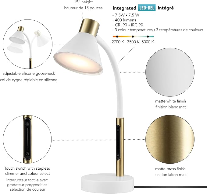 Globe Electric 15" LED Integrated Matte White Desk Lamp with Matte Brass Accent and Adjustable Silicone Gooseneck