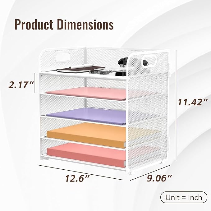5 Trays Paper Organizer Letter Tray with Handle-Mesh Desk File Holders, Paper Sorter Desk Organizer for Office, Home, Classroom or School, White