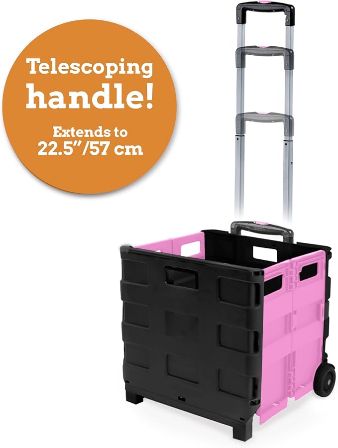 Ultra-Slim Rolling Collapsible Storage Pack-N-Roll Utility-carts, with Telescopic Handle, for Home, Garden, Shopping, Office, School use, Medium, Pink & Black