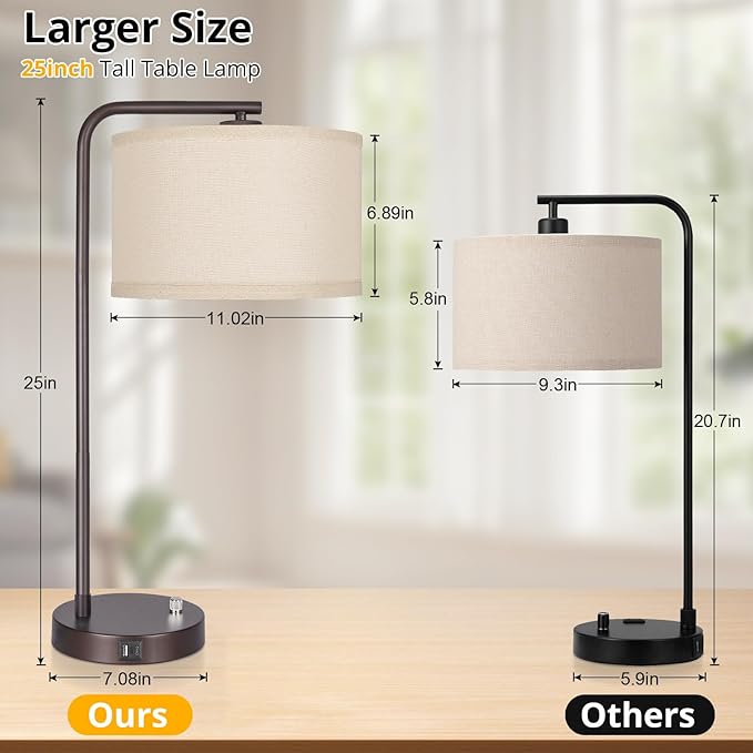 25" Tall Table Lamp with USB C+A Ports, Fully Stepless Dimmable Modern Minimalist Bedside Nightstand Lamp, Reading Desk Lamp for Bedroom, Living Room, Study Room, Office, 9W 3000K LED Bulb Included