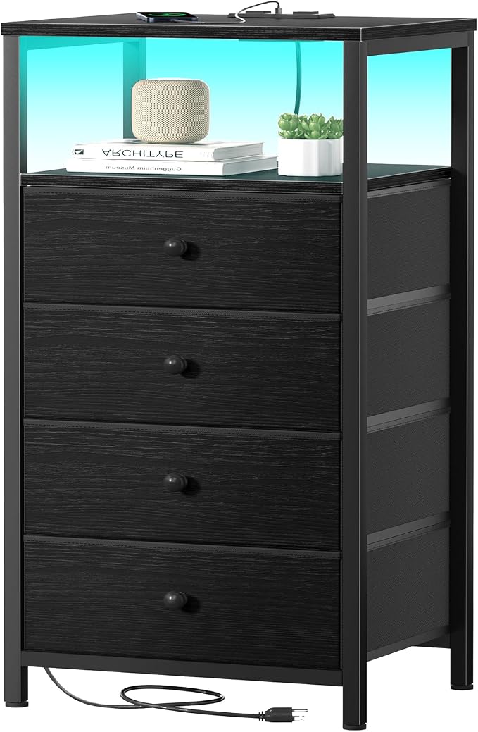 BOLUO Tall Night Stand with Drawers, Black Nightstand with Charging Station and LED Light, Small White 4 Drawer Dresser for Bedroom, Room Storage Closet