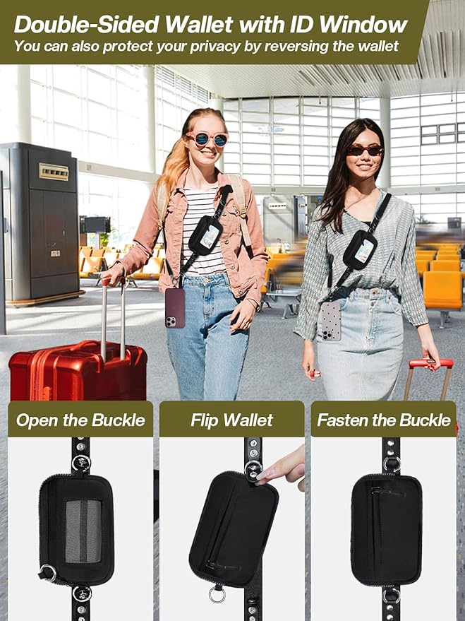 Tiostep Clip and Go Strap for Phone with Wallet Crossbody Phone Lanyard Adjustable and Detachable RFID Wristlet Wallet with ID Window and Zippered, Black