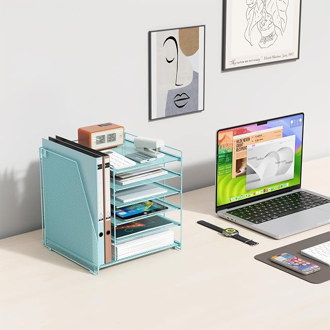 gianotter 6-Tier Paper Organizer With Magazine Holder | Desk Organizers and Accessories, File Organizer for Office Supplies Storag (Blue, 6-Tier)