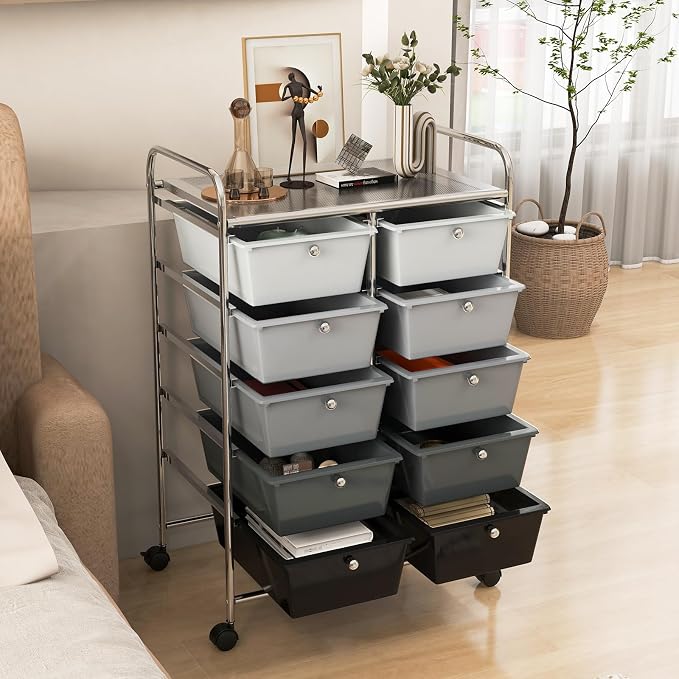 RELAX4LIFE Rolling Storage Cart with 10 Drawers - Craft Storage Cart with Lockable Wheels,Utility Cart, Art Cart Organizer for Crafting Storage, Office, School Rolling Drawer Cart (Gradient Black)