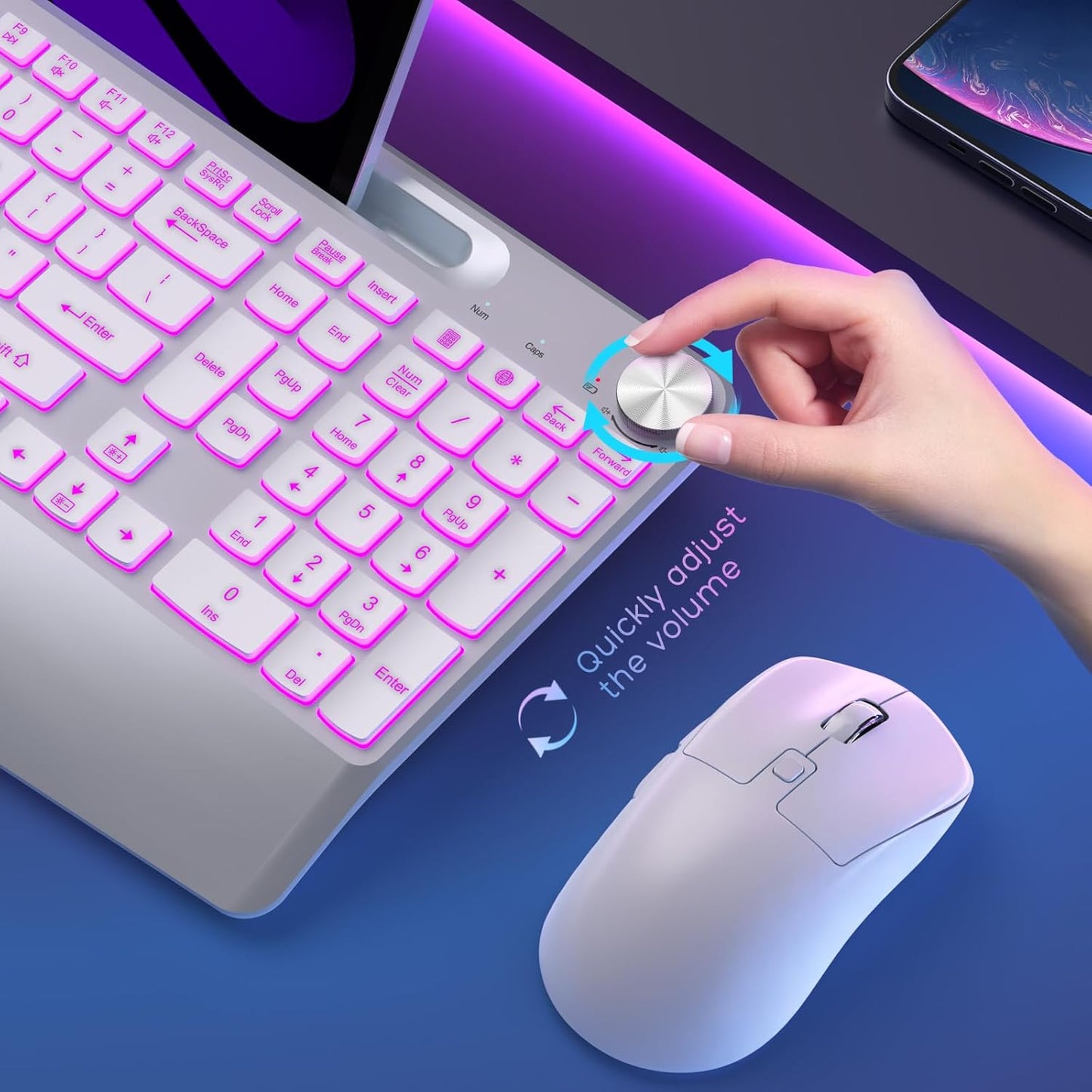 Wireless Keyboard and Mouse Backlits - Full-Sized Ergonomic Lighted Keyboard with Wrist Rest, Phone Holder,2.4GHz Rechargeable Silent Keyboard Mouse Combo for Computer, Laptop, PC, Mac -White
