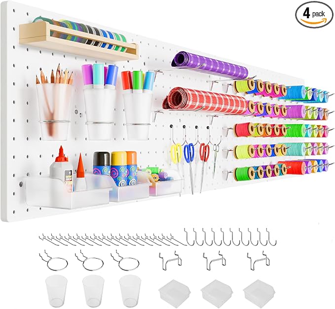 FZK Modular Plastic Peg Board Wall Organizer Kit, 12x12, White | Includes 26 hooks and 2 bins, adhesive or drill mounting, ideal for office, gaming room, garage