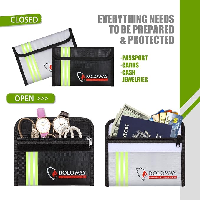 Small Fireproof Bag (5 x 8 inches) with Reflective Strip, Fireproof Money Bag for Cash, Valuables, Passport, Currency & Keys (2-Pack)