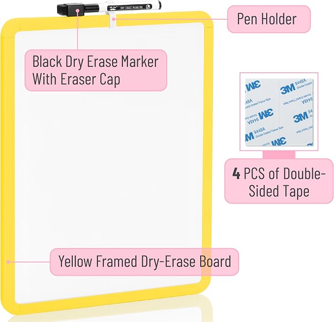 Mr. Pen- Dry Erase Board, 14” x 11” with a Black Dry Erase Marker | Yellow Frame, Small Mini White Board for Students, Fridge, Wall, Locker, Includes Double Sided Tapes