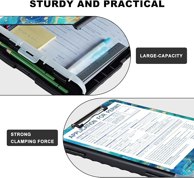 Clipboard with Storage,Storage Clipboard with Pen Holder,Heavy Duty Plastic Storage Clipboard with Low Profile Clip,Teacher Must Haves,Clipboard Folder,Office Supplies,Gold Marble -1336