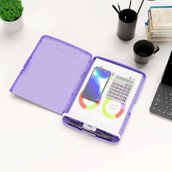 Hongri Clipboard with Storage with Pencil Case, 8.5 x 11 Storage Clip Board | High Capacity Organization Box for A4 Letter Legal Paper, Heavy Duty Folio & Side-Opening for Nurses, Teachers, Purple