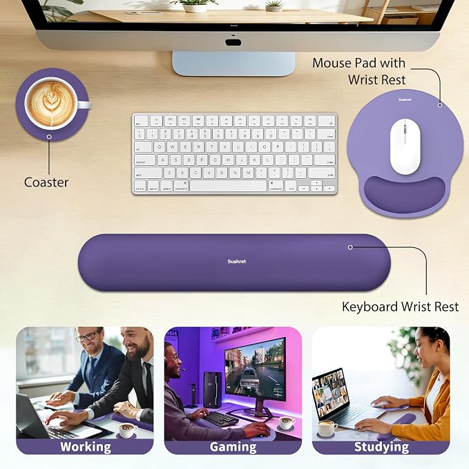 Mouse Pad and Keyboard Wrist Rest, 3-in-1 Gel Memory Foam Ergonomic Mouse Pad with Wrist Rest Set, Gaming Mousepad Arm Cushion Support for Computer Office Desk Accessories Cute Setup, Purple