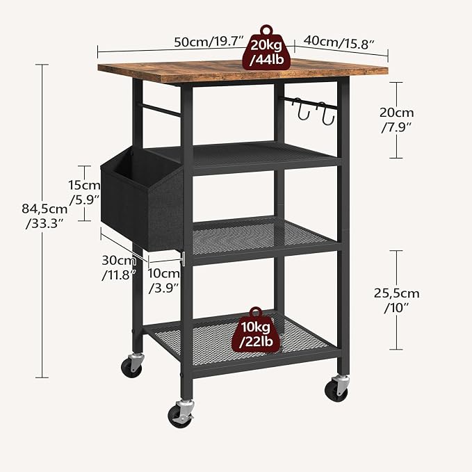 MAHANCRIS 4-Tier Printer Stand, Rolling Printer Table on Wheels, Industrial Storage Stand with Side Pocket, Wooden Tabletop, 2 S-Shaped Hooks, for Home Office, Rustic Brown and Black PTHR2601