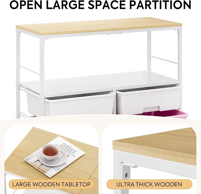 Rolling Storage Cart with 8 Large Drawers, Wooden Tabletop | Open Storage Shelves, Mobile Craft Organizer with Lockable Wheels for Home, Classroom, Office Supplies & Art Studio,Pink