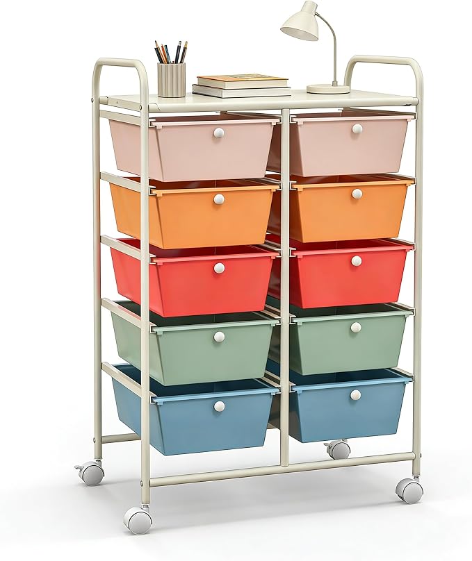 COSTWAY 10 Drawer Rolling Storage Cart, Utility Cart with Lockable Wheels | Mobile Art Supply Craft Organizer with Metal Frame, Multipurpose Drawer Cart for Paper for Office, School, Macaron