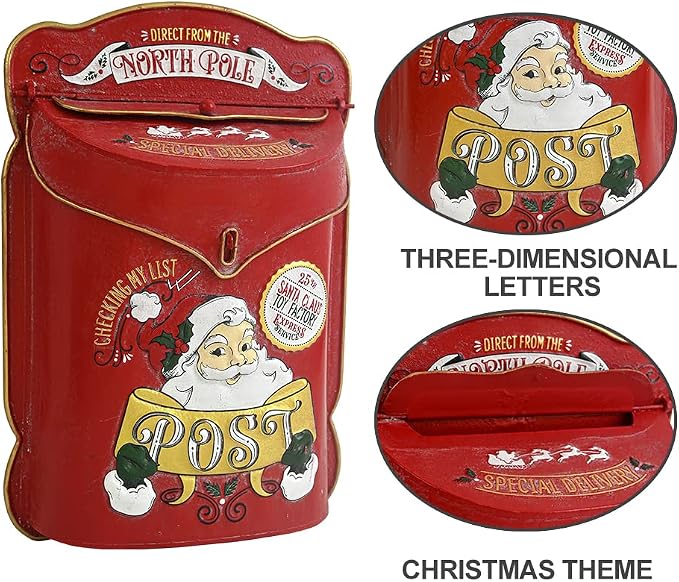 Xmas Letters to Santa Mailbox Wall Mount Christmas Mail Boxes for House Outside Metal North Pole Post Box Vintage Red Christmas Home Decor