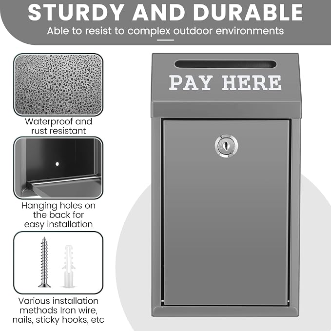 Yaocom Safe Metal Cash Box for Farm Stand – Money Drop and Secure Donation Collection, Wall Mount Lockable Unit with Pre Drilled Holes for Outdoor Self Serve(Grey,10.2 x 5.7 x 2.8 Inch)