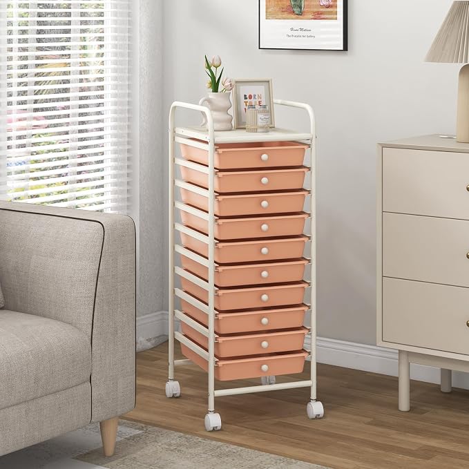 COSTWAY 10-Drawer Rolling Storage Cart, Utility Mobile Trolley | Removable Drawers & Universal Casters & 2 Brakes, Versatile Flexible Drawer Organizer Cart for Home, Office (Peach)