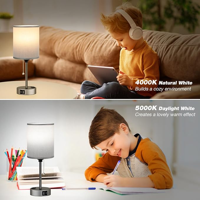 Small Bedside Table Lamp for Bedroom, Desk Lamp with USB Ports for Dorm | USB A+C Ports, AC Outlet, 3 Color Temper, LED Bulb Included, Grey Fabric Shade & Matte Metal Base, 14" Tall Night Stand Lamp