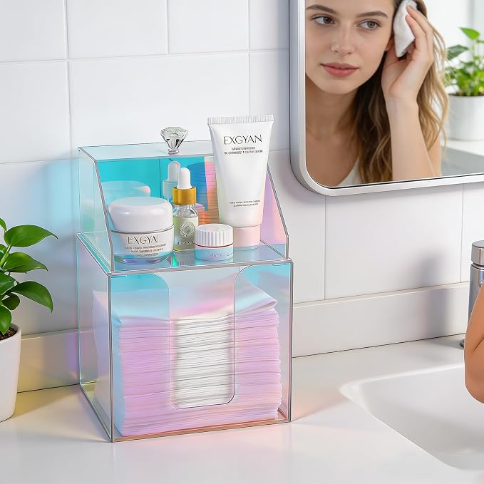 Disposable Facial Towels Storage Double Layer Acrylic Box, Glossy Rainbow | Face Towelettes Holder with Clean Skin Club Clean Towel XL Cotton Pads Container Qtip Bin for Bathroom Counter