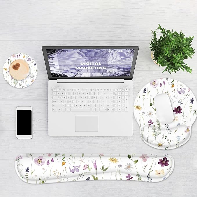 Ergonomic Mouse Pad with Wrist Rest and Keyboard Wrist Rest, Mousepad | Memory Foam Wrist Rest for Computer Keyboard, Pain Relief, Non-Slip Base, Mouse Pad Wrist Support for Gaming, Flowers Plants