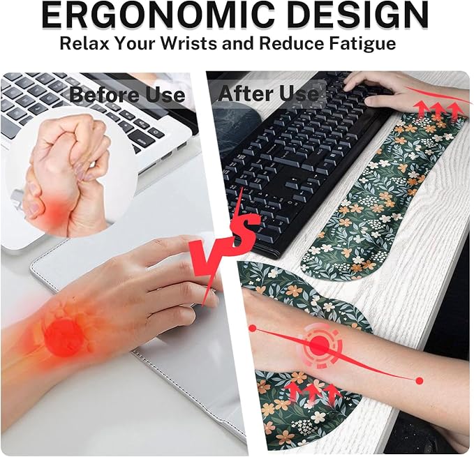 Ergonomic Mouse Pad Set with Wrist Rest, Floral Wildflower | Vintage Green Non-Slip Rubber Base Wrist Cushion Support and Coasters Mousepad with Wrist Support for Computer Keyboard