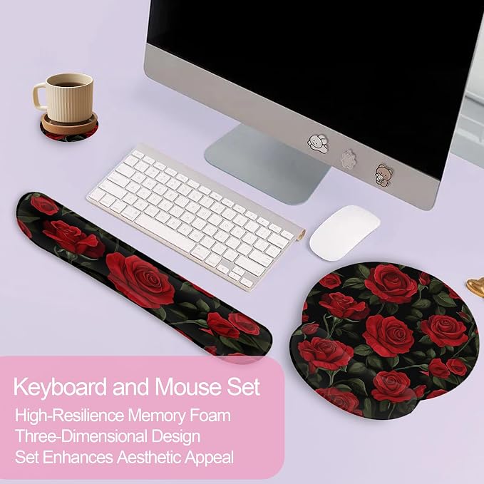Vintage Red Rose Ergonomic Wrist Support Keyboard Mouse Wrist Rest Set, Computer Office Comfortable Wrist Rest for Mouse Easy Typing