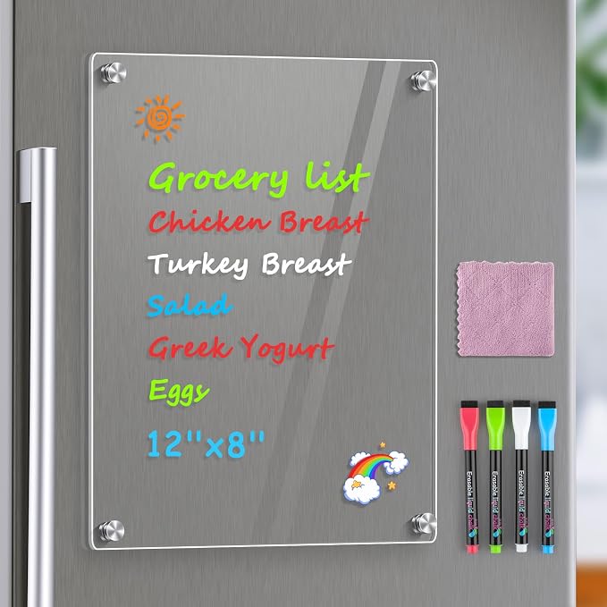 MaxGear Acrylic Magnetic Whiteboard for Fridge, 12 x 8 Inch Dry Erase Board | Durable Acrylic Material, Powerful Magnets, Smooth Writing and Easy Cleaning for Grocery Lists, Meal Plans, and Reminders
