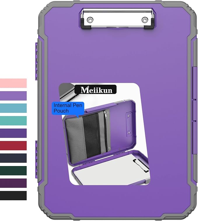 Meiikun Clipboard with Storage, Rugged Shockproof Protective, Internal Pen Pouch & Metal Clip, Heavy Duty Plastic Clip Boards 8.5x11, High Capacity Contractor Folder for School Office (Light Purple)
