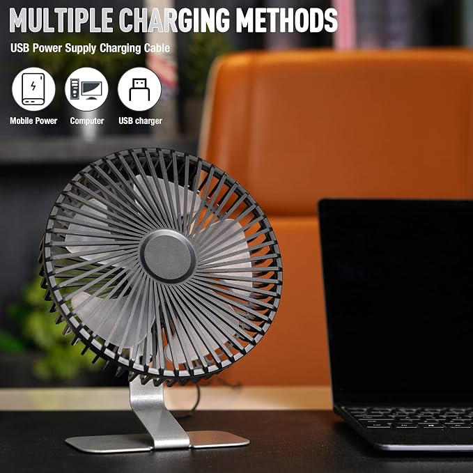 SLENPET 6-inch USB Small Desk Fan, 4 Speeds, Powerful Desktop Table Fan | Ultra-quiet, 90° Adjustment for Better Cooling, Portable Mini Personal Fan for Home Office, Metal Base, Silver