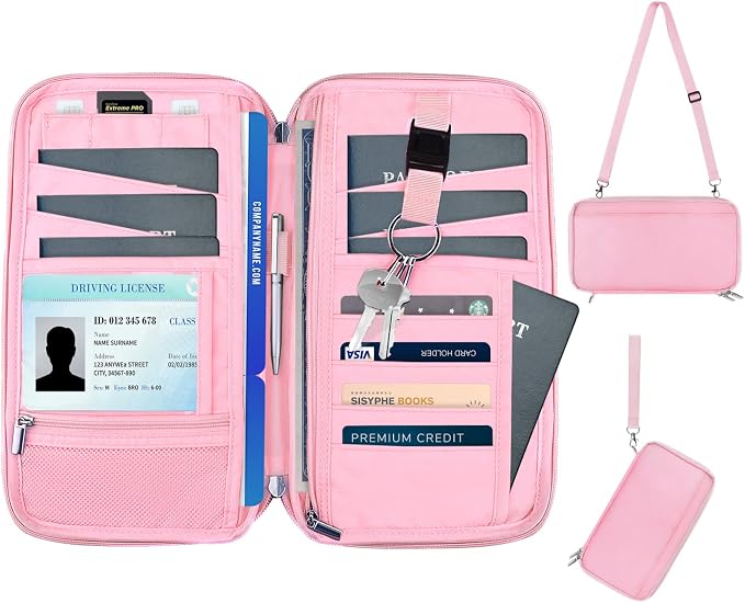 WALNEW Passport Holder for Travel Family, RFID Blocking Passport Wallet | International Travel Essentials, Travel Document Holder with Wristlet and Cross Body Straps, Fits 7 Passports for Family