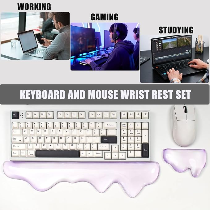 Clear Gel Wrist Rest for Keyboard and Mouse, Wrist Rest Set, Cute Ergonomic Silicone Wrist Rest for Keyboard 60%/68%/75% (Purple)