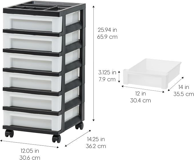 IRIS USA 6-Drawer Rolling Storage Cart with Organizer Top, Black/Pearl | Keep classroom supplies, teacher essentials, craft materials, and learning tools organized with easy-access drawers.