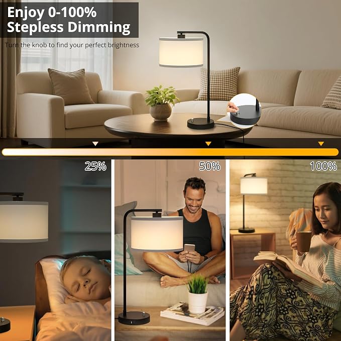Table Lamp for Bedroom with USB C+A Ports, Fully Stepless Dimmable Farmhouse Bedside Lamp Nightstand Light, Tall Reading Desk Lamp for Living Room, Office, 9W LED Bulb Included