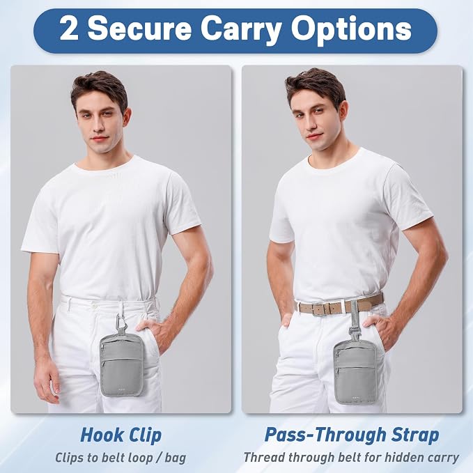 Anti-Theft Belt Waist Travel Wallet Hidden Passport 3-Zone Clip Carabiner | Water-resistant fabric with RFID blocking liner, fits passport, tickets, cards, and cash in 3 zones