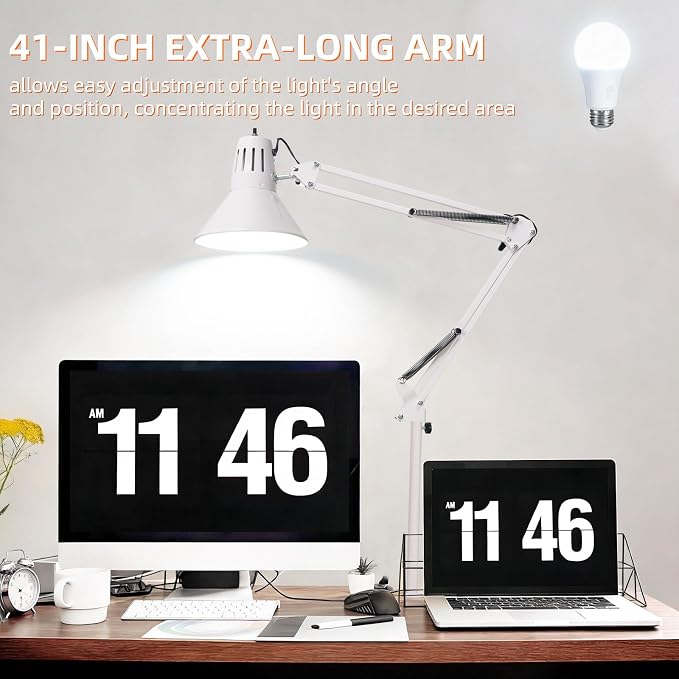 White Desk Lamp with Clamp, Extra-Tall Adjustable Metal Swing Arm, 5000K | Manicurist Table Lamp for Nail Work, Drafting, Sewing, Crafting, College Dorm and Home Office, A19 Bulb Included