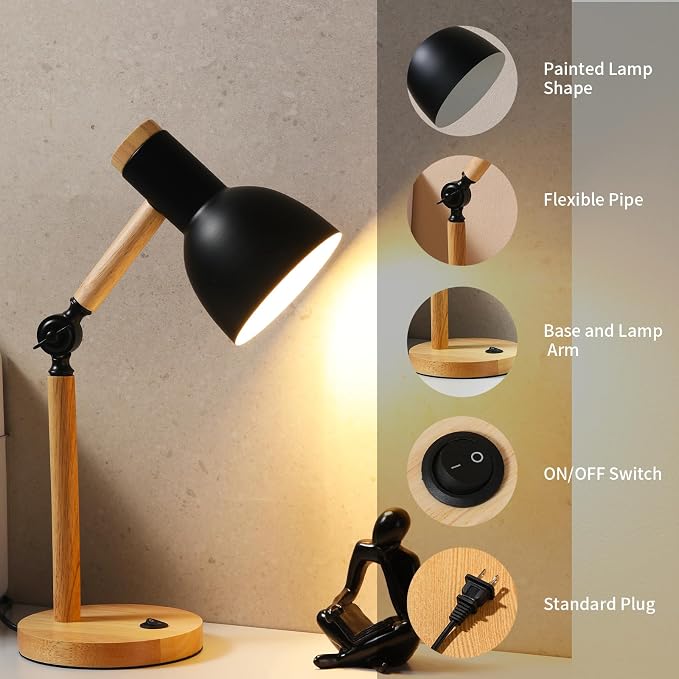Adjustable Wooden Arm Desk Lamp, Metal Shade Table Lamp | Dorm Lamp,Bedside Lamp,Reading Lamp,Lamp for Home Office