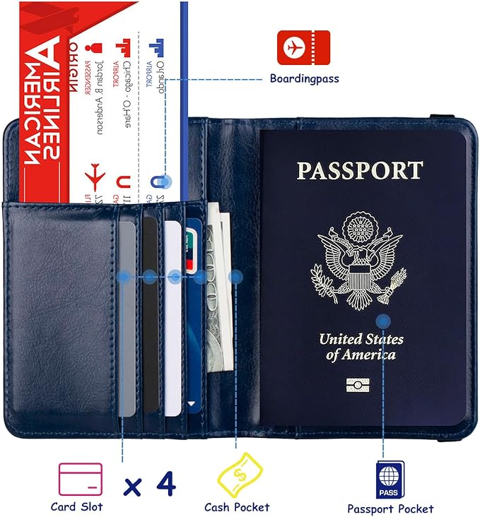 TOURSUIT RFID Blocking Passport Holder, Leather Travel Wallet, Dark Blue | Travel Document Holder Cover Accessories, 3D Metal Badge, For Women Men