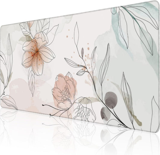 Desk Mat, Abstract Boho Flowers Extended Large Gaming Mouse Pad for Desk XXL, Non-Slip Rubber Base Stitched Edges Long Computer Keyboard Desk Pad Mouse Mat for Home Office Gaming 35.4"X15.7"